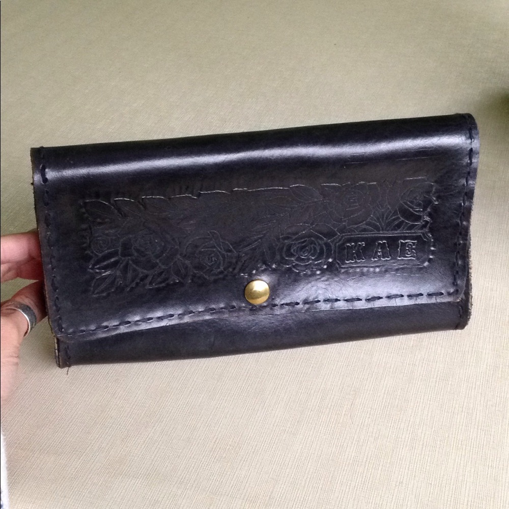 Tooled Leather Clutch Purse Bag Black Handmade - Picture 6 of 7